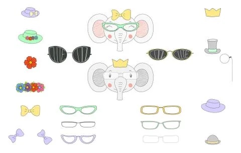 Do it yourself elephant heads with glasses and accessories Stock Illustration