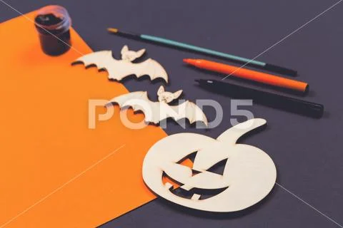 Do it yourself Halloween pumpkin and vampire bats Stock Photos