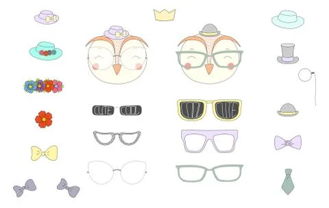 Do it yourself owl heads with glasses and accessories Illustrazione stock