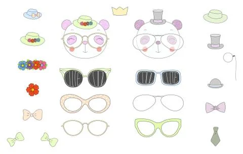 Do it yourself panda heads with glasses and accessories Illustrazione stock