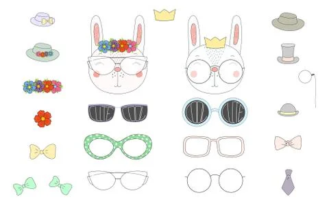Do it yourself rabbit heads with glasses and accessories Stock Illustration