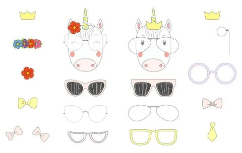 Do it yourself unicorn heads with glasses and accessories Stock Illustration