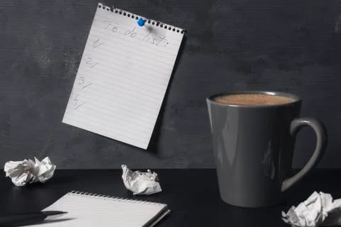 To do list and cup of coffee. Planning concept with copy space. Stock Photos