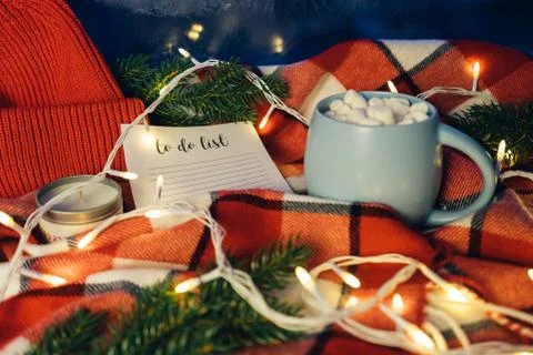 To do list with blank space. Beautiful Christmas holiday concept. Cup of hot Stock Photos