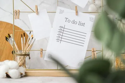 TO DO list cards and posters mock ups on grid board. Copy space. Home office Stock Photos