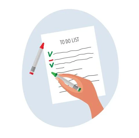 To Do list check. Human hand with green pencil marking items. Red pencil near Illustrazione stock
