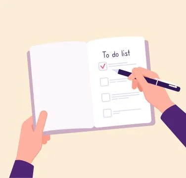 To do list concept. Hands on table writing memo checklist. Complete business Ilustración de archivo