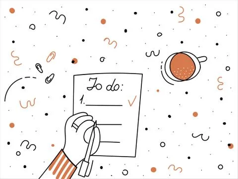 To-do list with cup of coffee and hand with pen or pencil Stock Illustration
