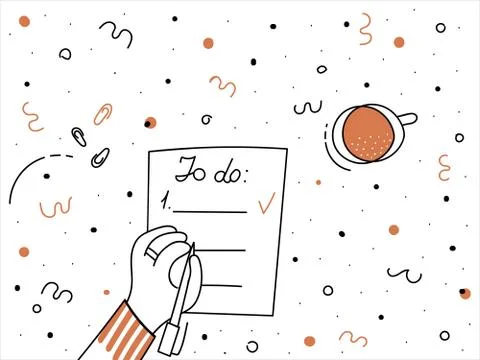 To-do list with cup of coffee and hand with pen or pencil. Hand drawn doodle Stock Illustration