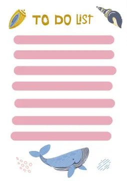 To-do list with cute nautical illustrations - whaleand shells. Template For p Stock Illustration