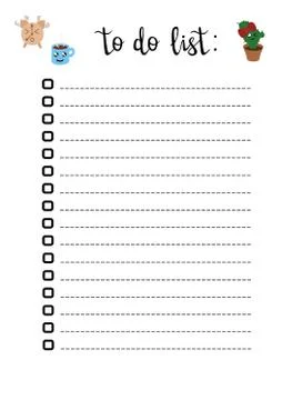 To do list, lines, cute kawaii characters clock, coffee cup, cactus Stock Illustration