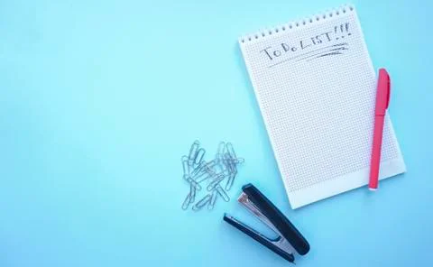 To-do list. Notepad with to-do list. pen Notepad for reports stapler paper cl Stock Photos