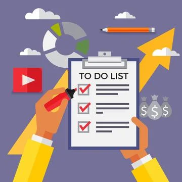 To do list or planning. Hands holding clipboard with checklist with checkma.. Illustration