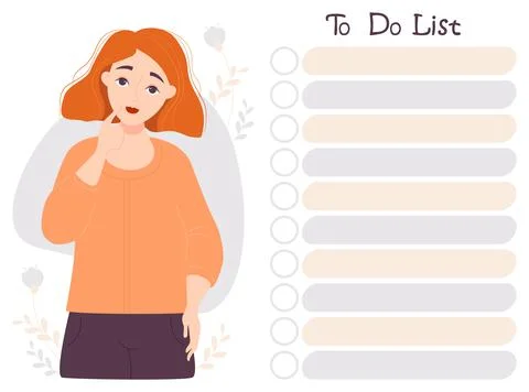To-do list organizer. A cute red-haired pensive girl looks at the to-do list Stock Illustration