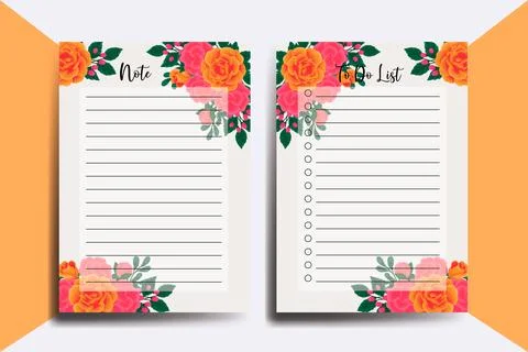 To do list Planner template Orange Rose Flower Design Illustrazione stock