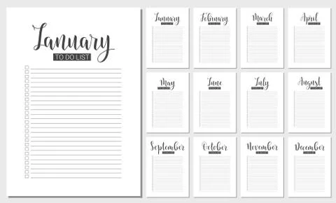 To Do List. Set of 12 Months. Vector Template Stock Illustration