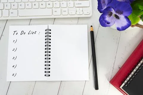 To Do List text on notepad. Directly above. Copy space. Stock Photos