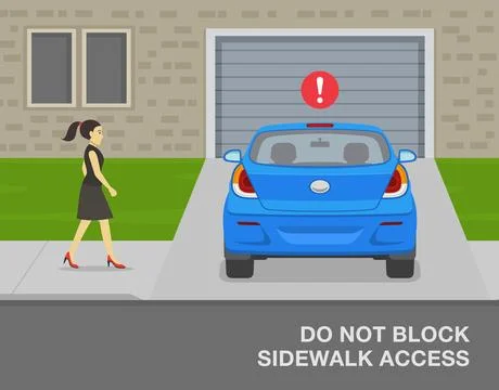Do not block sidewalk access when parking. Back view of an incorrect parked car Ilustración de archivo