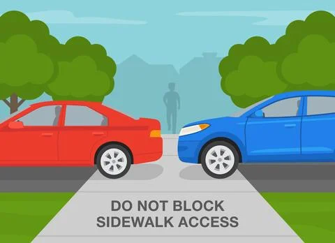 Do not block sidewalk access when parking.  Incorrect parked cars. Ilustración de archivo