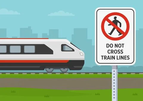"Do not cross train lines" warning sign for pedestrians on railway. Safety rules Stock Illustration
