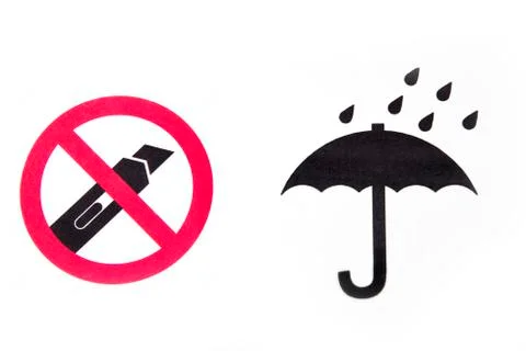Do not cut with a cutter knife. Protect from rain symbol Stock Photos