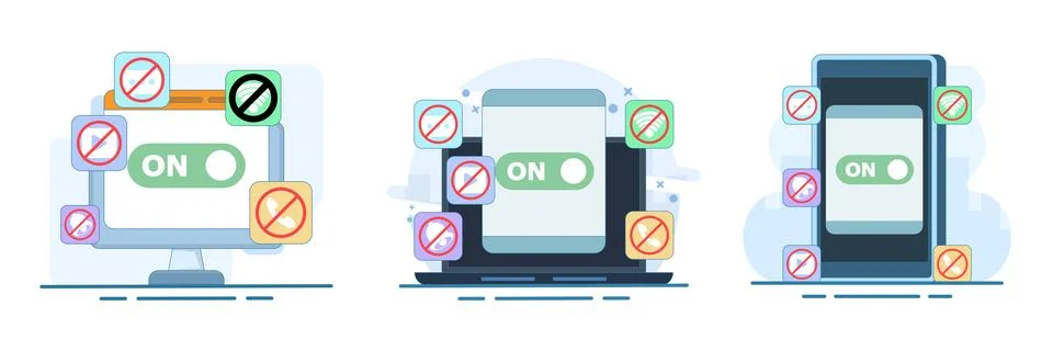 Do not disturb mode set featuring laptop notifications Stock Illustration