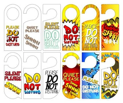 Do not disturb - vector illustrated comic book style door hanger sign set. Stock Illustration