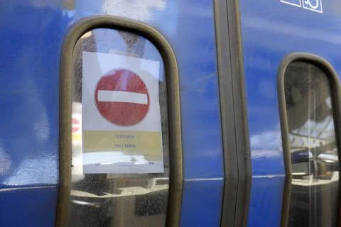Do not enter sign on train door which is doing a test drive Stock Photos