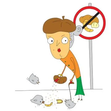 Do not feed the birds! Old lady feeding birds. Stock Illustration