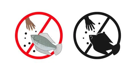 Do not feed fish, prohibition sign with hand dropping food. Stock Illustration