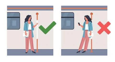 Do not lean on handrail, but hold on to handrail while driving. Metro, train or Stock Illustration