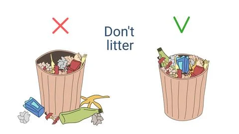 Do not litter. Throw trash in the rubbish bin. Rubbish bin with garbage ins.. Stock Illustration