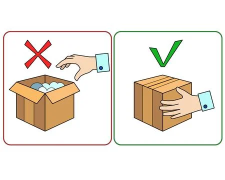 Do not open boxes, take them closed, Check mark and cross mark icon Illustrazione stock