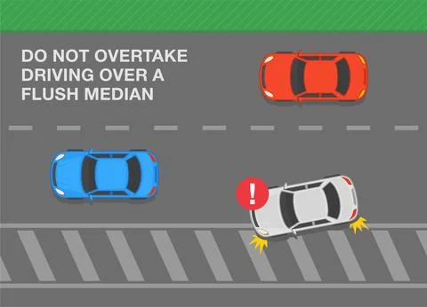 Do not overtake driving over a painted island or flush median road markings. Stock Illustration