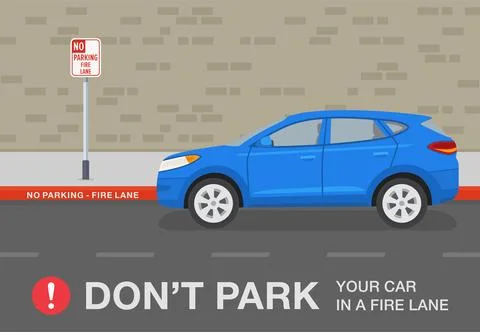 Do not park your car in a fire lane warning design. Side view of a blue suv car Ilustración de archivo