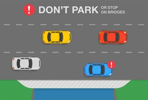 Do not park your car or stop on bridges warning design. Top view. Illustrazione stock