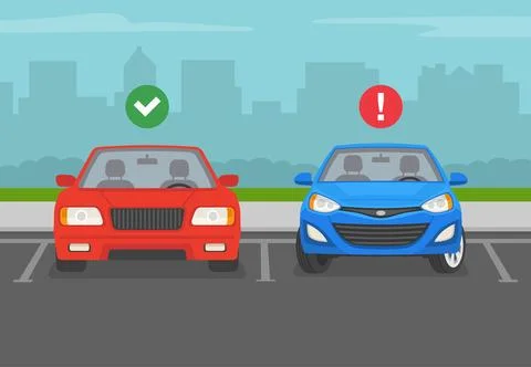 Do not park your car with the wheels turned. Front view of correct and incorrect Stock Illustration