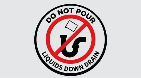 Do not pour liquids down drain warning sign on gray background. Stock Illustration