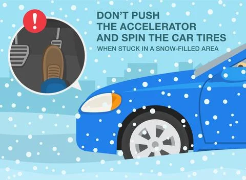 Do not push the accelerator when stuck in a snow-filled area. Close-up view. Stock Illustration