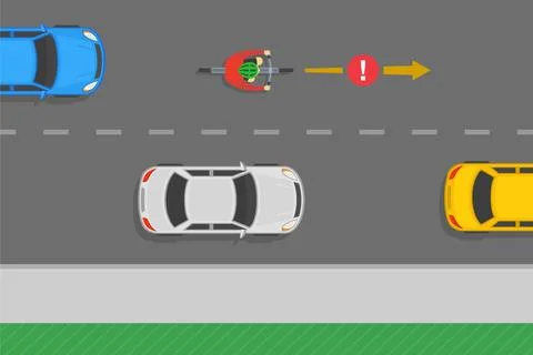 Do not ride bicycle on the left of a motor vehicle, except overtaking. Stock Illustration