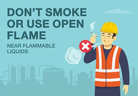 Do not smoke or use open flame near flammable liquids. Close-up view of smoking Stock Illustration