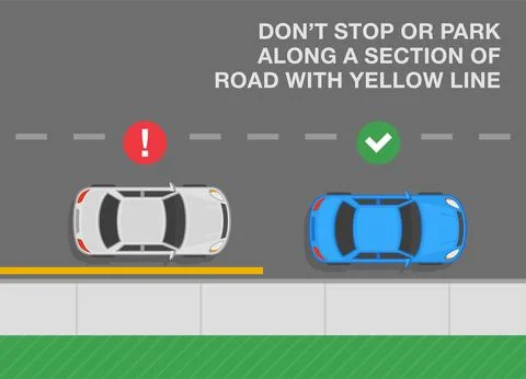 Do not stop or park along a section of road with yellow line. Top view. Ilustração Stock