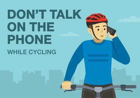 Do not talk on the phone while cycling. Close-up front view of a cyclist calling Stock Illustration
