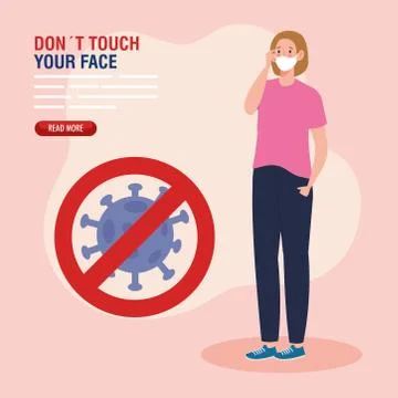Do not touch your face, woman using face mask and coronavirus particle in signal Stock Illustration
