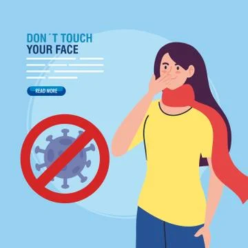 Do not touch your face, young woman wearing face mask and coronavirus particle 스톡 일러스트
