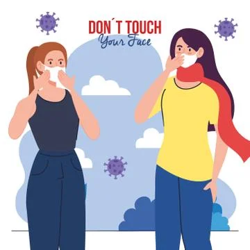 Do not touch your face, women using face mask outdoor, avoid touching your face Stock Illustration