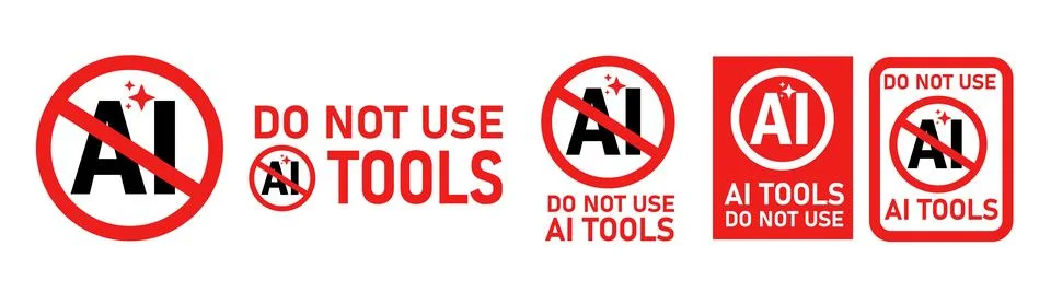 Do not use AI tools Red signs, Artificial Intelegent Do not use icon . Stock Illustration