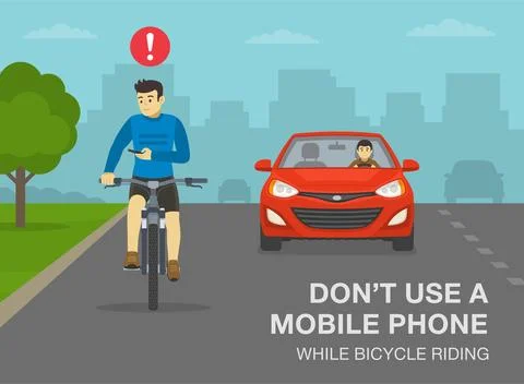 Do not use a mobile phone while bicycle riding. Cyclist looking at phone. Stock Illustration