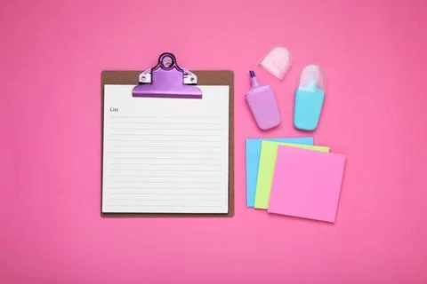 To do notes and stationery on pink background, flat lay with space for text.. Stock Photos