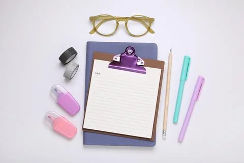 To do notes, planner, stationery and glasses on white background, flat lay Stock Photos